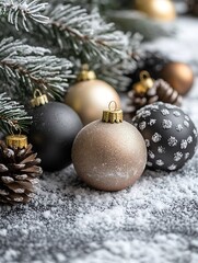 Aufkleber - Winter Christmas Baubles on Snowy Pine Branches : Generative AI