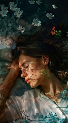 Poster - Woman Sleeping in a Bed of Flowers: A Serene Portrait