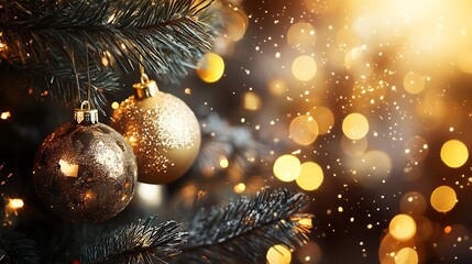 Aufkleber - Golden and Silver Christmas Ornaments on Evergreen Branch with Holiday Sparkle : Generative AI