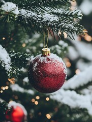 Fototapete - Red Christmas Bauble with Snow on Tree Branch in Winter Festive Scene : Generative AI