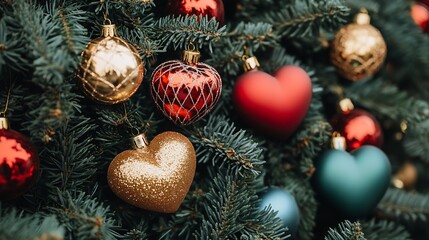Aufkleber - Heart Shaped Christmas Ornaments Hanging on Green Pine Tree Branches : Generative AI
