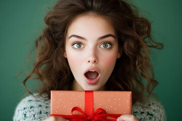 A woman with wide eyes expresses surprise while holding a beautifully wrapped gift box tied with a red ribbon, embodying the joy of giving and receiving.