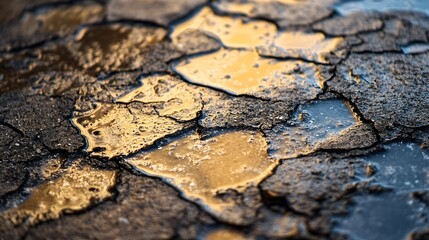 Poster - Muddy Dry Cracked Earth with Golden Autumn Leaves Texture : Generative AI