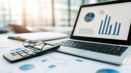 Poster - Modern business workspace with laptop charts and glasses in bright office setting : Generative AI