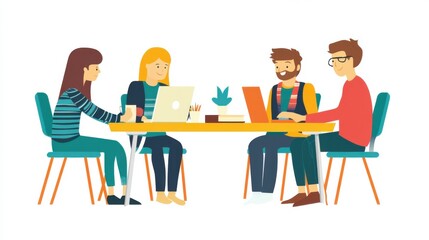 Digital meeting flat illustration, with four participants shown on a video call, bright and clean design