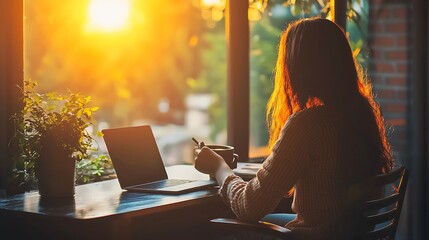 Poster - Young Woman Working on Laptop in Cozy Home Interior During Golden Hour : Generative AI