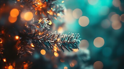 Fototapete - Christmas Tree Branch with Orange and Blue Bokeh Lights in Winter Holiday Scene : Generative AI
