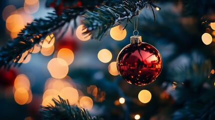 Aufkleber - Red Christmas Ornament Hanging on Evergreen Tree Branch with Holiday Lights : Generative AI