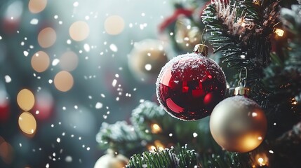 Aufkleber - Festive Christmas Tree with Snowflakes and Red Ornaments Capturing Holiday Cheer and Warmth : Generative AI