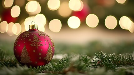 Aufkleber - Festive Red Christmas Ornament on Snow Dusted Grass with Luminous Bokeh from Warm Holiday Lights : Generative AI