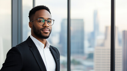 confident man in suit stands by large window with city view, exuding professionalism and style. His glasses add modern touch to his appearance.