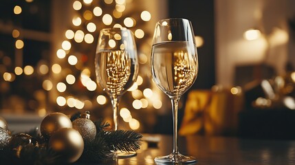 Aufkleber - Elegant Holiday Ambience with Champagne Glasses and Illuminated Christmas Tree : Generative AI