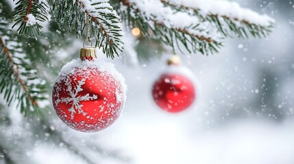 Aufkleber - Beautiful Snowy Christmas Tree Branch with Red Ornaments Creating a Festive Winter Scene : Generative AI