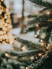 Aufkleber - CloseUp of Christmas Tree Branch with Warm White Twinkle Lights : Generative AI