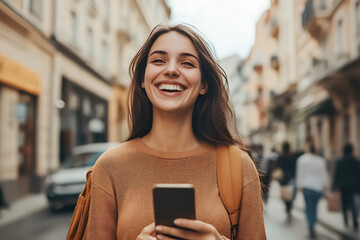 Cheerful student using mobile phone while walking down the street in the city