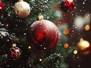 Aufkleber - CloseUp of Red Christmas Ornaments on a Snowy Tree : Generative AI