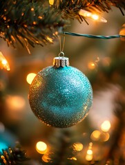 Aufkleber - Festive Illuminated Christmas Tree with Shimmering Blue Ornament for Seasonal Home Decor Elegance : Generative AI