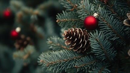 Aufkleber - Pinecones and Red Baubles Adorn a Scented Evergreen Branch for Christmas : Generative AI