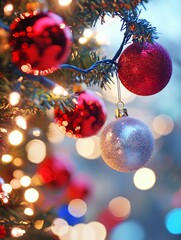 Aufkleber - Colorful Christmas Baubles Hanging on Tree with Twinkling Lights in Background : Generative AI