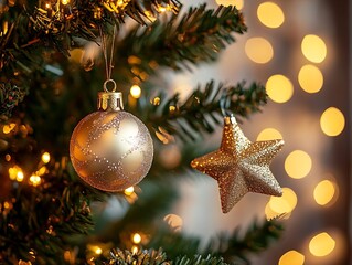 Aufkleber - Golden Bauble and Star on Christmas Tree for Magical Holiday Celebration with Warm Lights : Generative AI