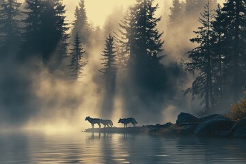 Canvas Print - misty morning on the river with pack of wolves