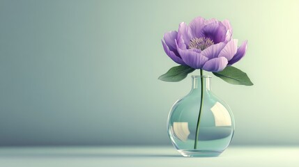 Canvas Print - A stunning image of a glass vase filled with a purple tricolor flower, placed against a softly blurred light green backdrop, emphasizing its beauty.