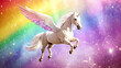 © Thiago - Artistic style unicorns with wings flying over a rainbow aspect perfect for print on demand artwork merchandise. Pegasus Rider. Illustration