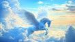 © Thiago - Beautiful white pegasus soaring in the clouds. Pegasus Rider. Illustration
