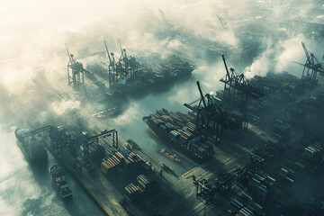 Harbor Mist: A haunting aerial view of a busy harbor shrouded in mist. The cranes and ships, barely visible through the swirling fog, create an image of mystery and quiet power. 