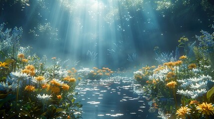 Wall Mural - Enchanted Forest River with Sunbeams and Flowers