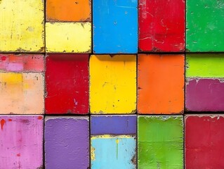 Poster - Bright Multicolored Square Blocks Texture with Worn Paint for Creative Designs : Generative AI