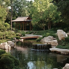 Japanese garden with tranquil water features