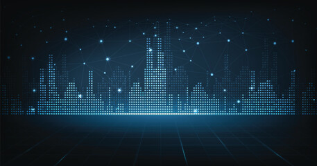 Aufkleber -  Cityscape with lines that connect with 5G technology. smart city internet network communication technology on a blue background. background, business IOT,  internet of things concept.