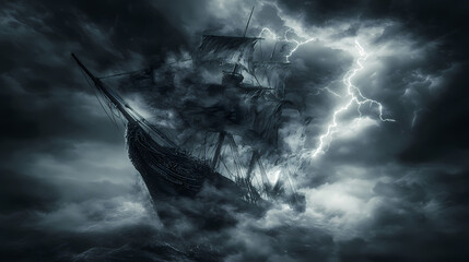 Wall Mural - Ghost pirate ship with tattered sails emerging from a swirling maelstrom lightning illuminating skeletal crew against a stormy night sky. Ghost Ship. Illustration