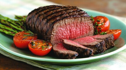 A beautifully cooked medium-rare beef steak, sliced and served on a rustic plate with detailed char marks and vibrant vegetables.