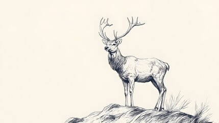elegant line drawing of a stag standing on a hill, showing majesty and poise
