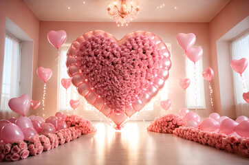 Hall for wedding ceremony. Rose flower and heart shape balloon. Romantic background.
