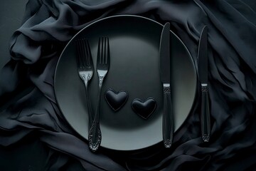 Valentines day romantic table setting. Empty or closeup of a dinner black plate, knife, fork and decorative silk hearts on black background. Holiday concept. with generative ai