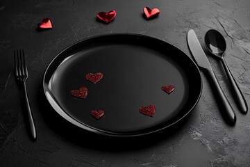 Valentines day romantic table setting. Empty or closeup of a dinner black plate, knife, fork and decorative silk hearts on black background. Holiday concept. with generative ai