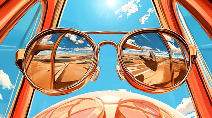 Stylish sunglasses reflecting a vibrant landscape and blue sky.