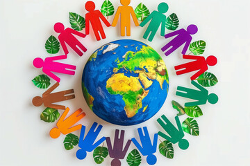 Colorful Representation of Global Unity and Environmental Awareness Featuring People Cutouts Surrounding Earth