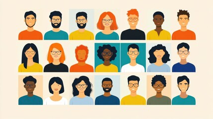 Wall Mural - Online team discussion illustration, with diverse participants shown in a flat vector style, communicating via video call