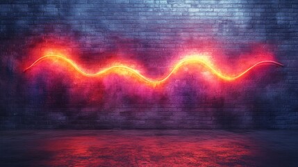 Poster - Neon light wave on brick wall, abstract urban style. Modern art and nightlife concept