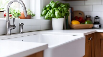 A modern kitchen sink with a chrome faucet and soap dispenser.