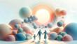 © GG Kenji - 3D Soft Abstract Family Unity Image Walking Hand in Hand in Pastel Sunlit Field - Modern Togetherness Concept for Outdoor Ads, Family Love, and Peaceful Scenic Graphics