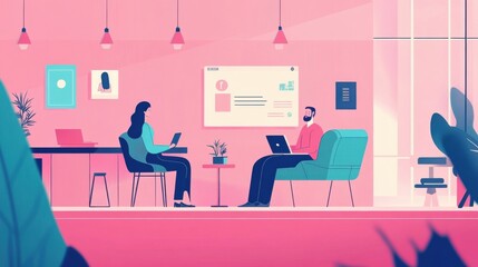 Wall Mural - Remote work team illustration, showing employees on a video call, flat design with simple colors and clean lines