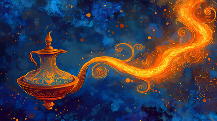 Magic lamp on a golden and blue magic background, magic lamp, golden, blue, magical, fantasy, genie, wish, mystic. Djinn in a Lamp. Illustration