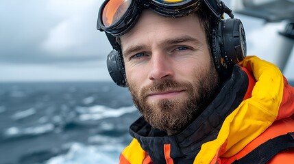 Experienced wind turbine technician dressed in bright yellow reflective safety gear performing essential control system diagnostics and maintenance checks at the top of an offshore wind turbine tower