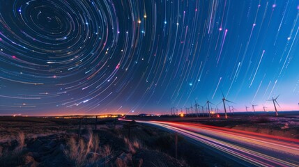 An otherworldly landscape where the sky is alive with swirling light trails and the land is dotted with majestic wind turbines.