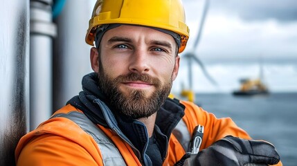 Wall Mural - Offshore Wind Turbine Technician Dressed in Safety Gear Using Specialized Tools to Tighten and Maintain Turbine Components on an Offshore Platform